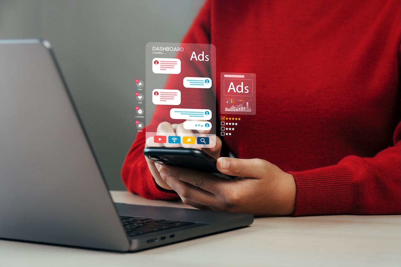 Online sales concept of digital marketing, ad, product ads, promotion of products or services through digital tools. Online advertising concept Internet advertising digital marketing Social media