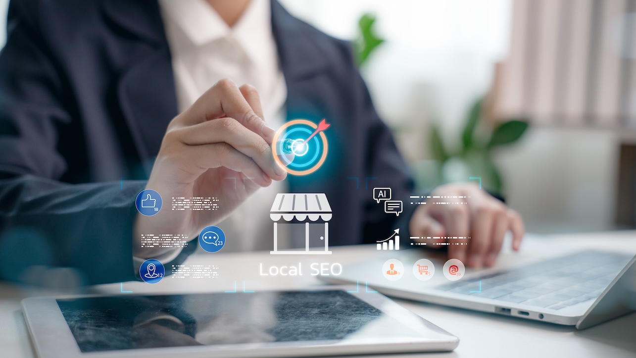 Business person working on local SEO strategy with digital marketing icons and location targeting. Concept of online visibility, local search, and small business digital promotion.