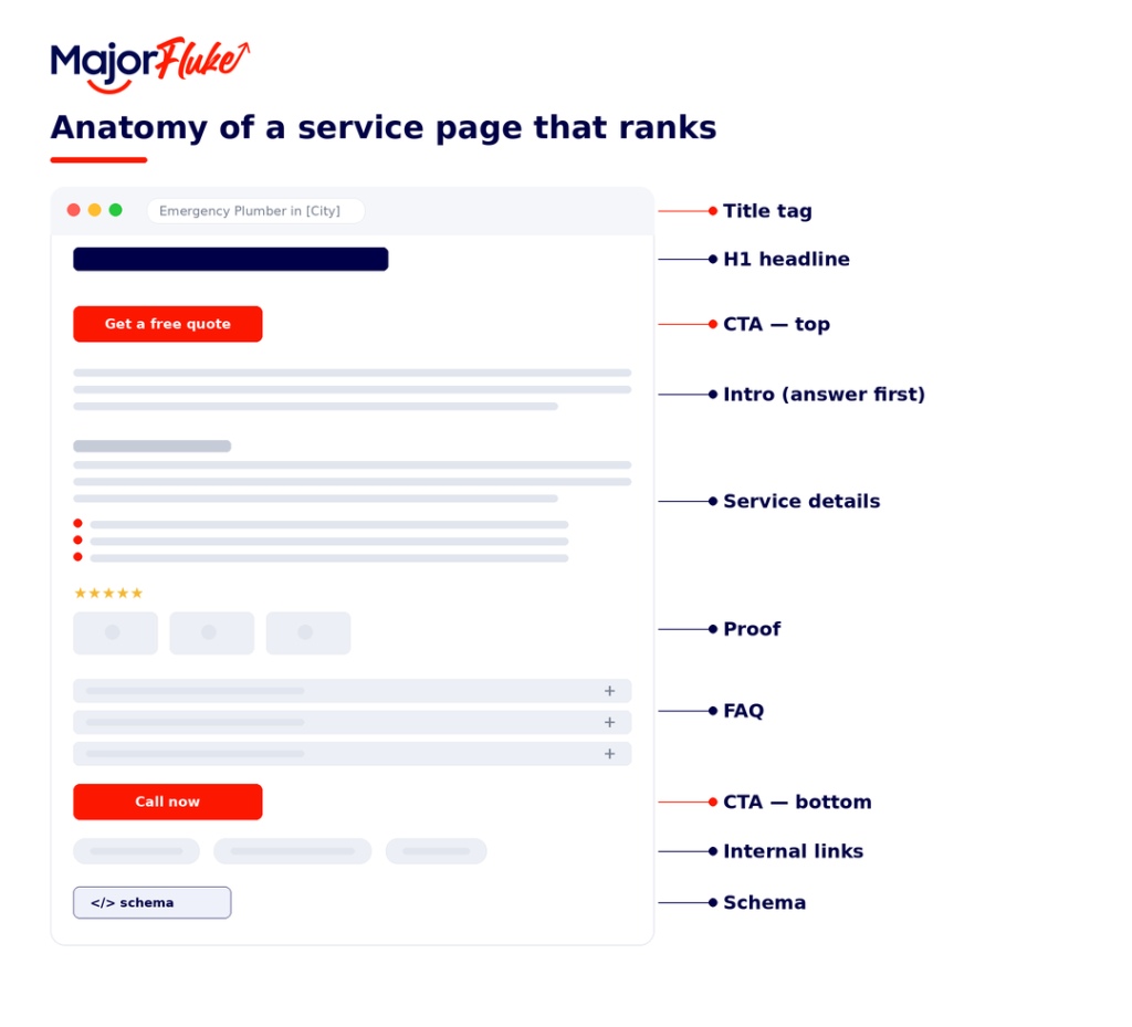 diagram breakdwon of key elements of a landing page, sucvh as H1 tag, body, CTA and FAQ section
